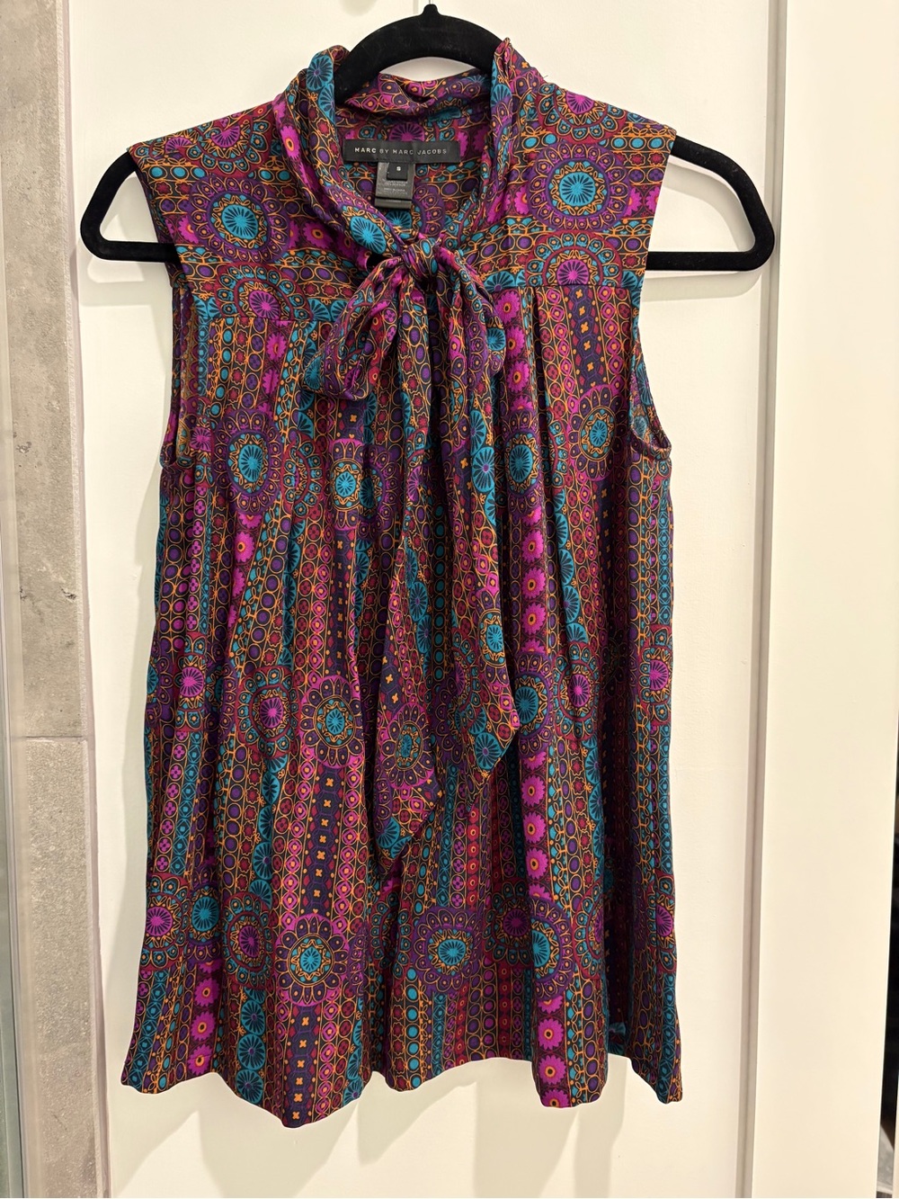 Marc By Marc Jacobs Silk Patterned Bow Top Sz S